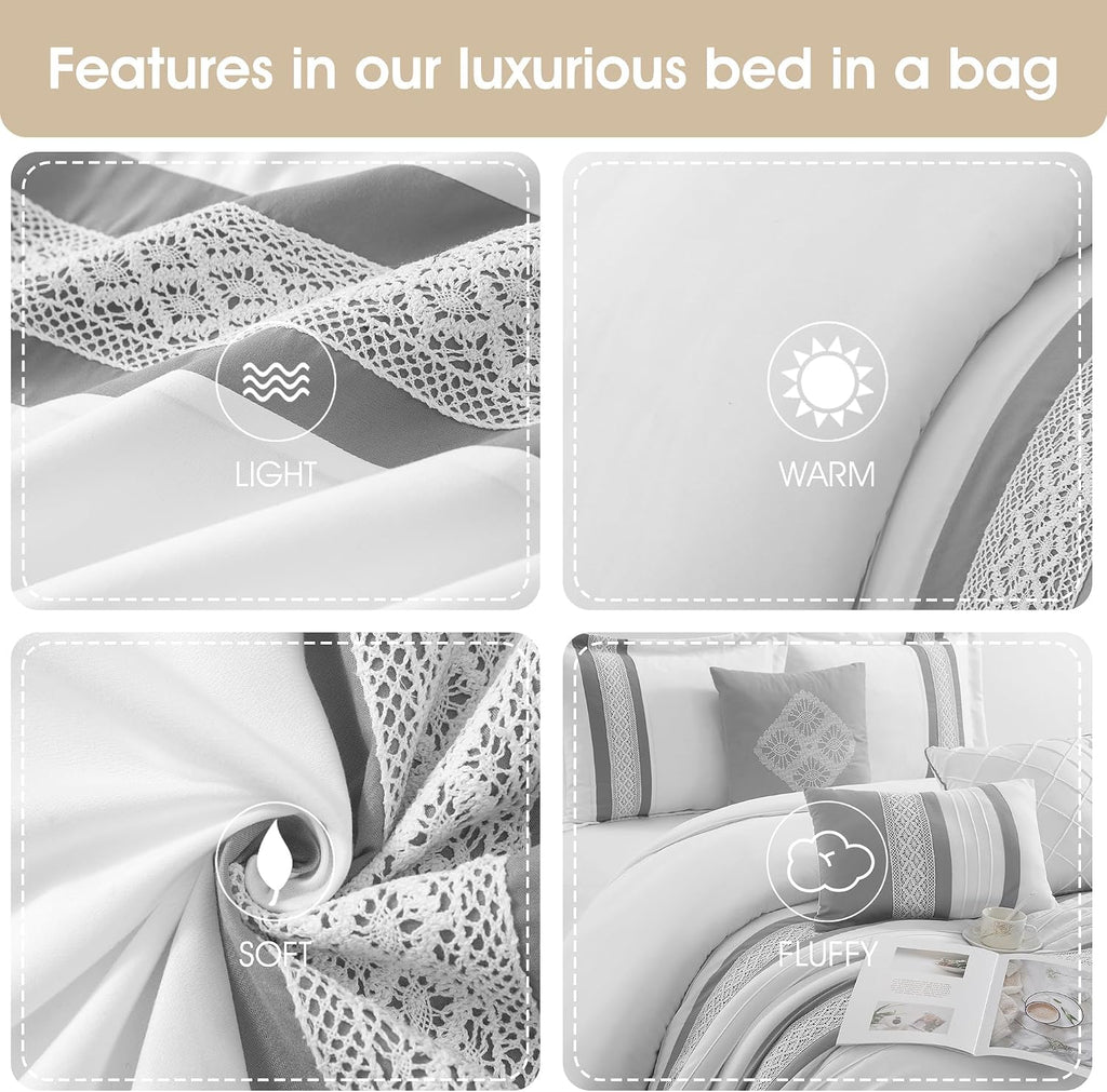 Grand Avenue Striped 7 Piece Grey White Comforter Set, California King Size Microfiber Bedding, All Season Bedding Set, Bed Skirt, Pillows & Shams