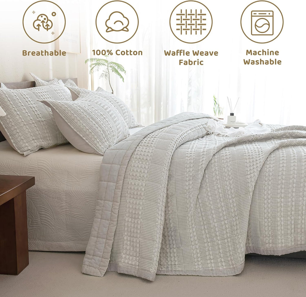 Sanracie Cotton Oversized Queen Bedspread (104 * 106'), Khaki Waffle Weave Quilt Set Farmhouse Shabby Boho Chic Bedding Coverlet Set All Season