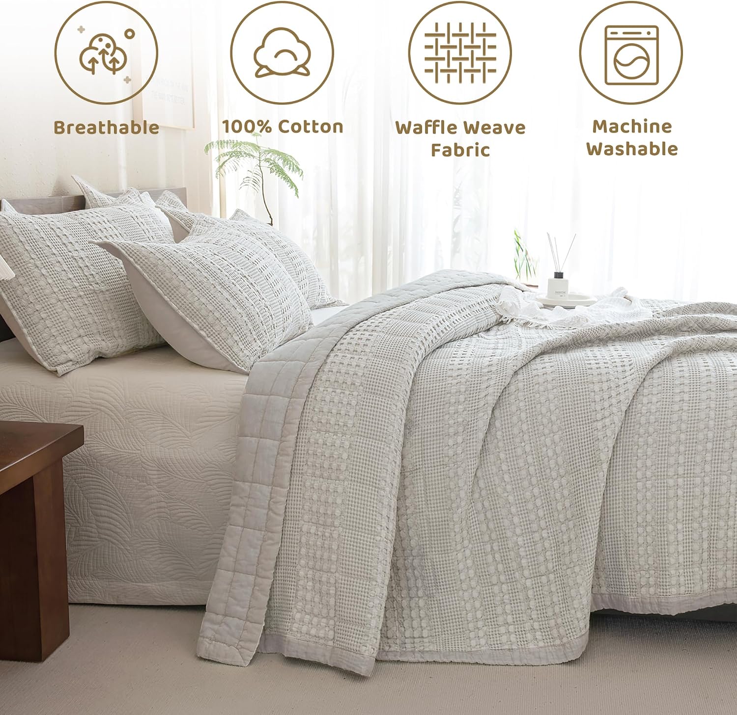 Sanracie Cotton Oversized Queen Bedspread (104 * 106'), Khaki Waffle Weave Quilt Set Farmhouse Shabby Boho Chic Bedding Coverlet Set All Season