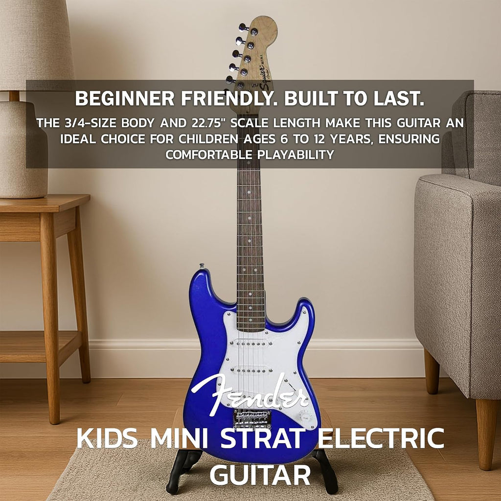 Fender Squier 3/4-Size Kids Mini Strat Electric Guitar - Imperial Blue Bundle with Amplifier, Cable, Tuner, Strap, Picks, and Austin Bazaar Instructional DVD