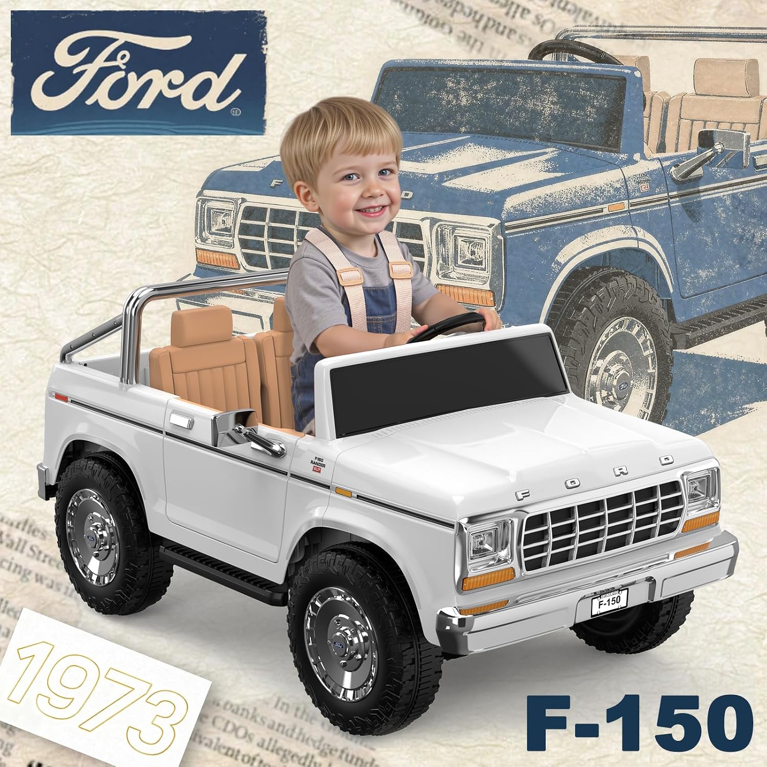 ANPABO Licensed Ford F-150 24V 2 Seater Ride on Car for Kids, 4x100W Motors for All-Terrain Electric Car with Parental Remote, Retro Style, 3-Speeds, Large Storage Box, Music Player, Aged 3-8, White