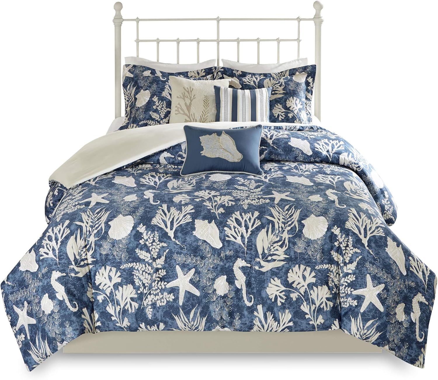 Madison Park 100% Cotton Comforter Set-Coastal Coral, Starfish Design All Season Down Alternative Cozy Bedding with Matching Shams, Decorative Pillow, King (104 in x 92 in), Cape Cod Navy 7pcs