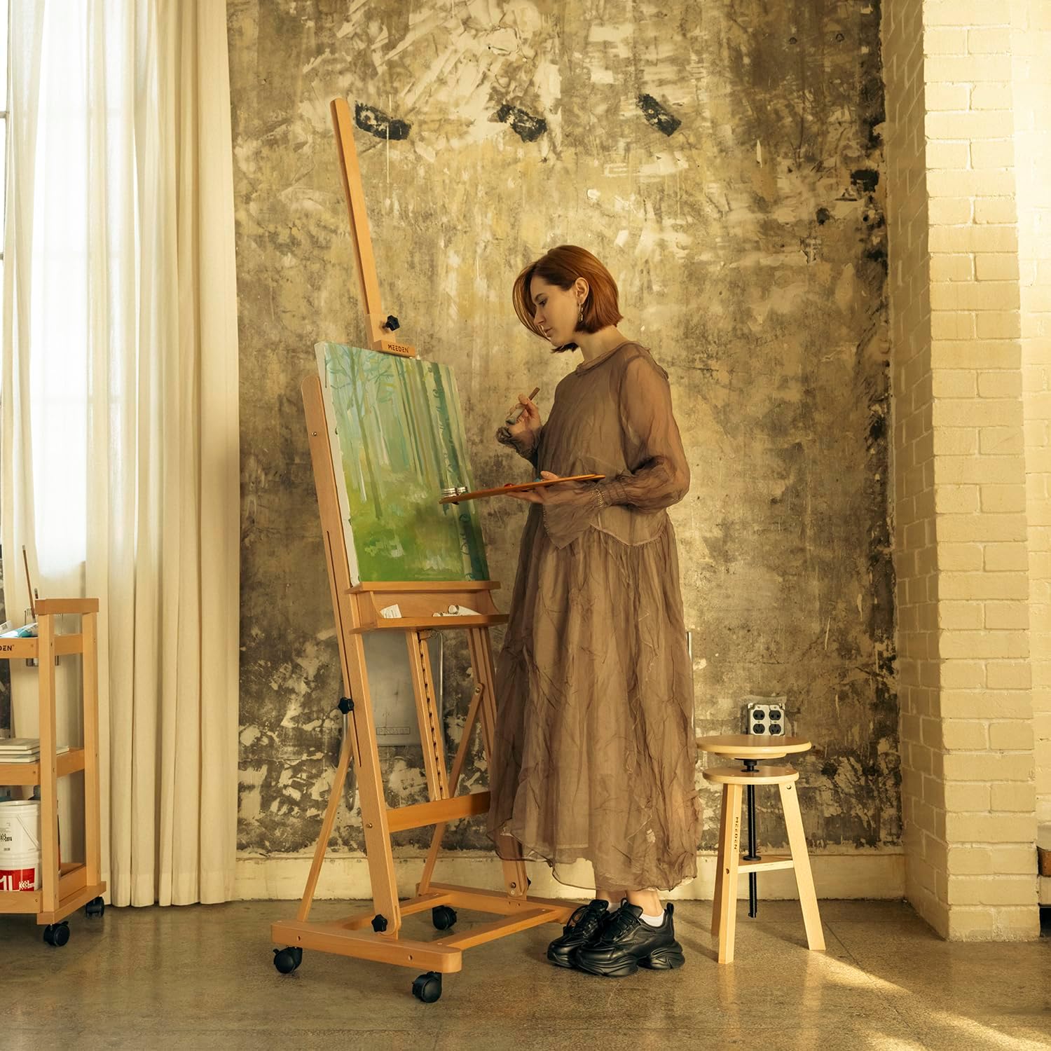 MEEDEN Large Studio H-Frame Beech Wood Artist Easel - Adjustable Movable Tilting Easel, Floor Painting Easel Stand, Holds Canvas Art up to 48'