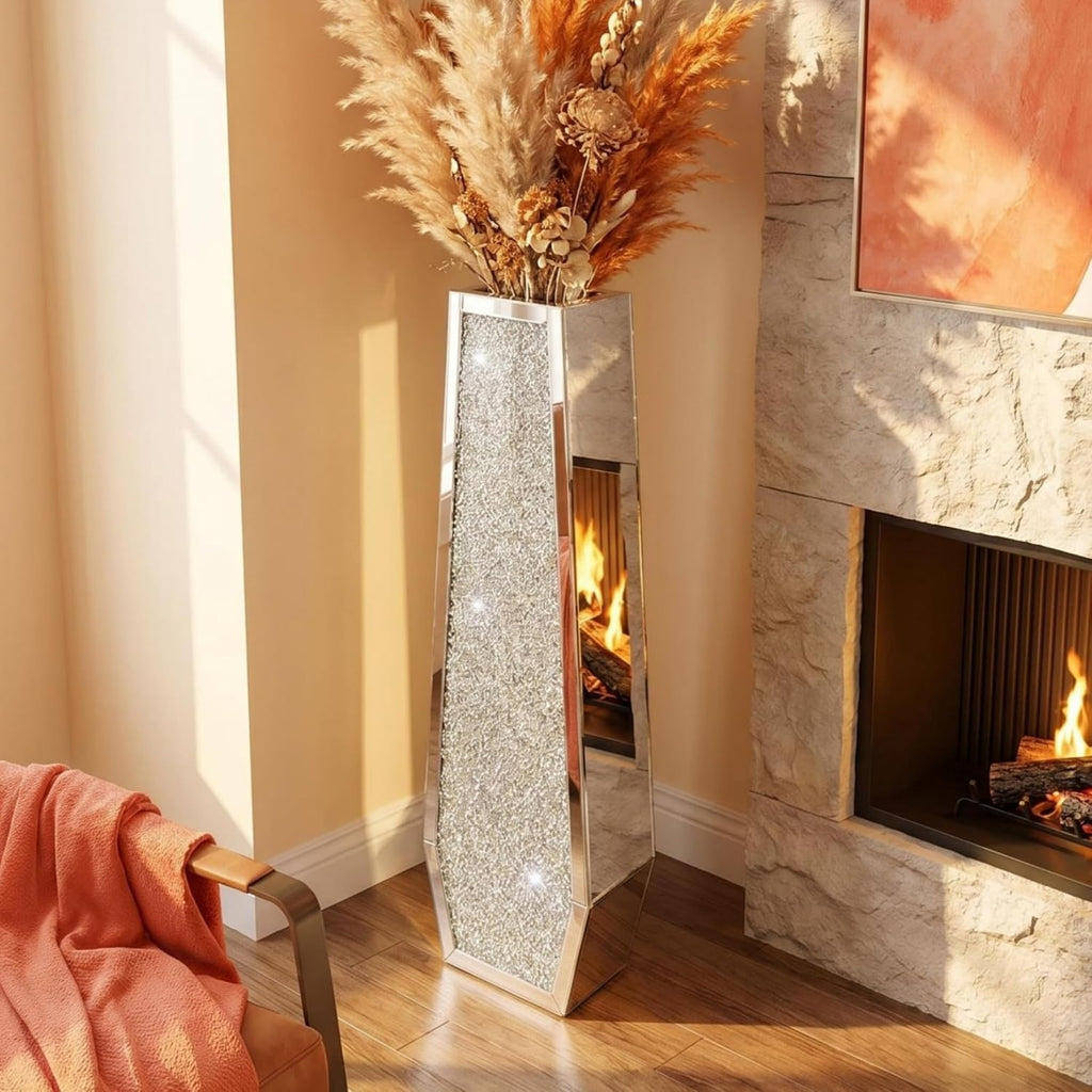 36' Extra Tall Double Sided Crushed Diamond Vases,Six Sided Three-Dimensional Diamond Vase,Extra Large Mirrored Silver Crystal Vase for Home,Office,Hotel(10.6' Lx5.37 W x 36' H)