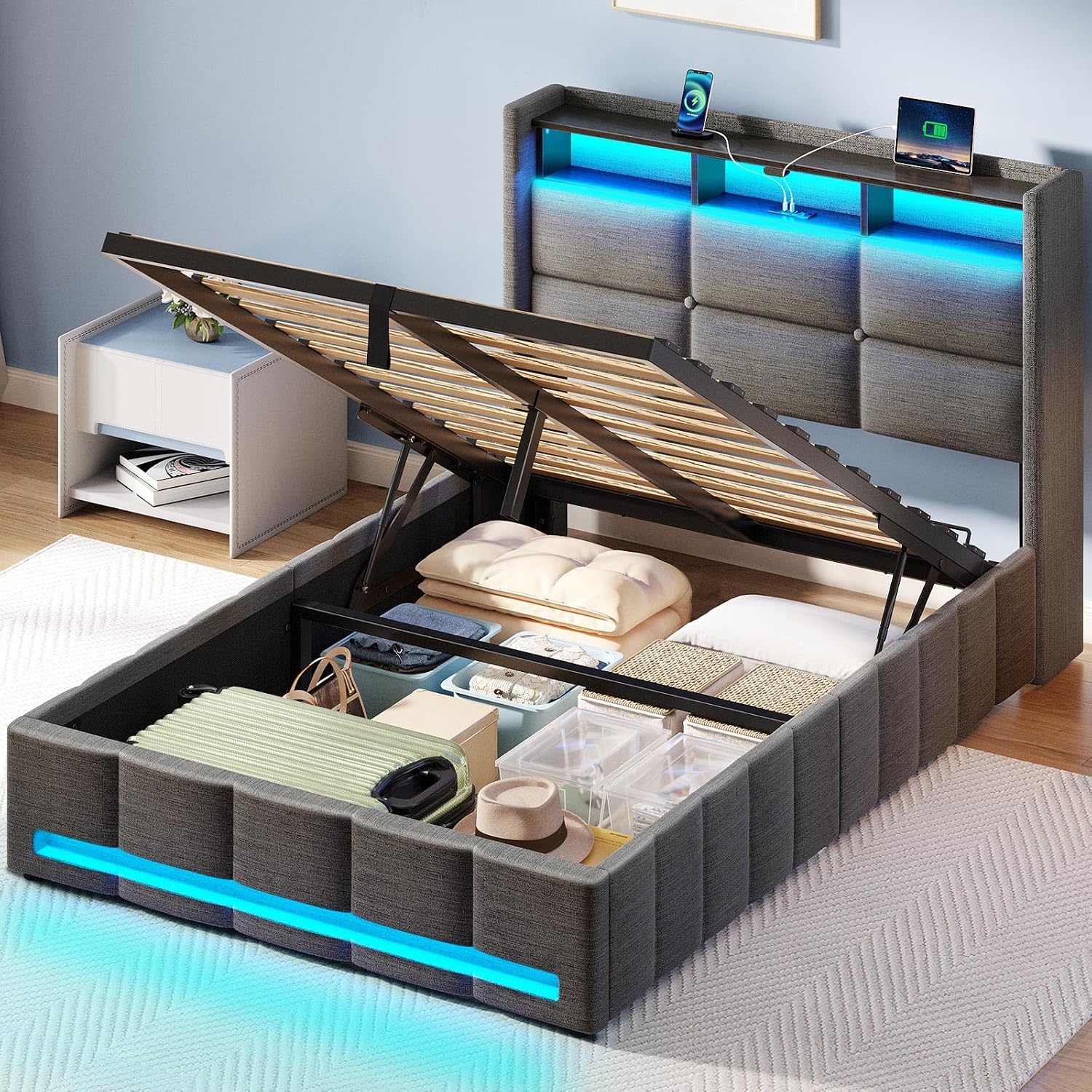 Rolanstar Bed Frame Twin Size with Lift Up Storage, Charging Station & LED Lights, Upholstered Storage Headboard, Heavy Duty Wooden Slats, No Box Spring Needed, Noise Free, Easy Assembly, Dark Grey
