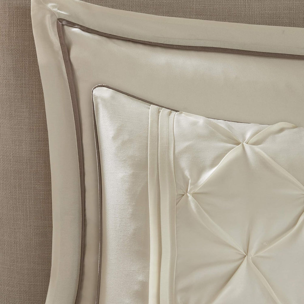 Madison Park Essentials Room in a Bag Faux Silk Comforter Set - Luxe Diamond Tufting All Season Bedding, Matching Curtains, Decorative Pillows, Ivory Cal King(104'x92') 24 Piece