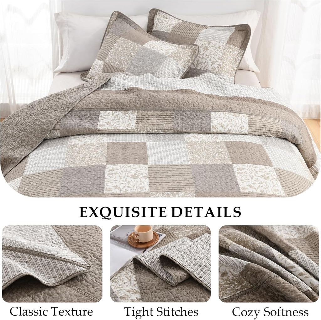 Plaid Bedspread 128'x120' Oversized California King Bedspread, 100% Cotton XL Oversized King Quilt, Lightweight Farmhouse Quilted Bedspreads Coverlet Set, Gray/Beige/Brown, 3 Pcs