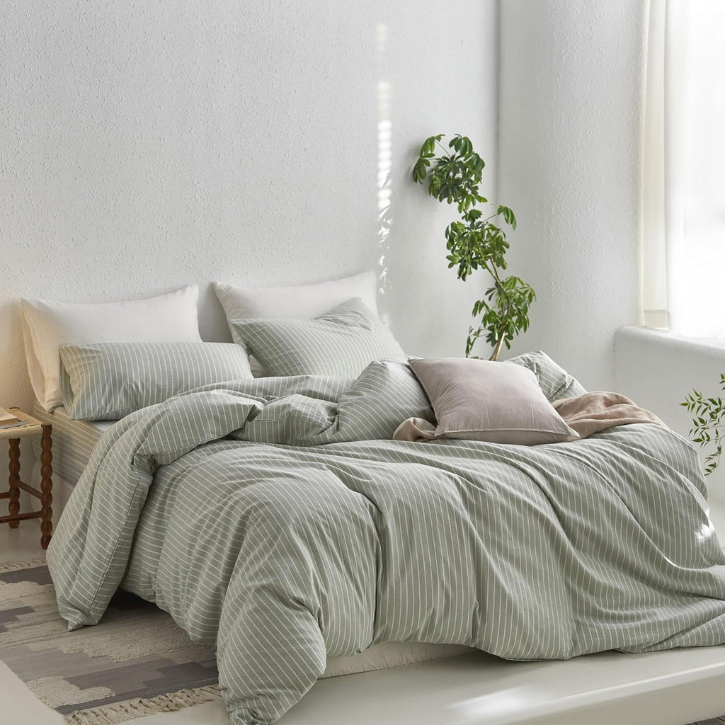 MooMee Striped Duvet Cover Set 100% Washed Cotton Linen Like Textured Breathable Durable Soft Comfy (Sage Green White Wide Stripes, Super King Plus 120'x120')