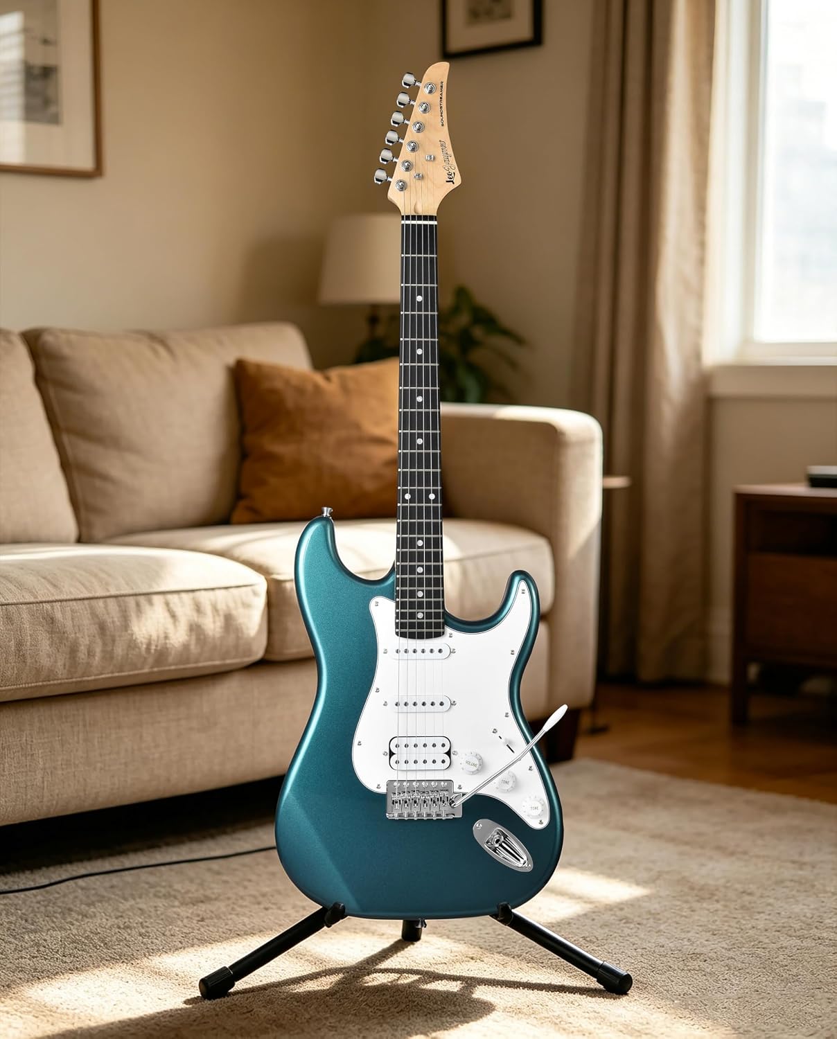 Leo Jaymz Beginner Electric Guitar 39' Kit with Portable Amplifier, Padded Gig Bag, Digital Tuner，Capo，Strap，Picks，HSS Pickups (Teal-HSS)