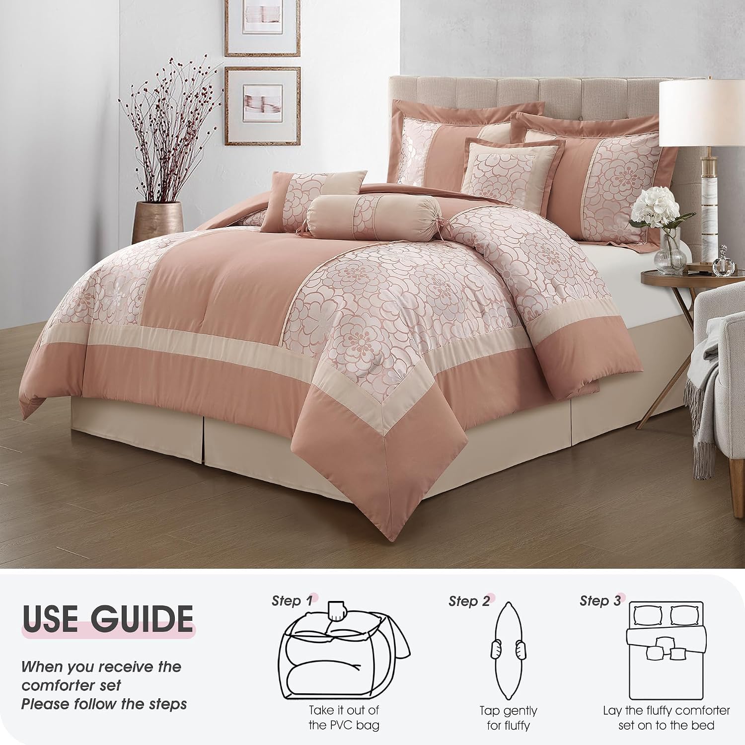LANCO MODERN LIFESTYLE 7 Piece California King Comforter Set, Blush, Elegant Floral Jacquard, Stylish and Cozy Bedding Collection, Premium Bedding Set with Bedskirt, Shams and Pillows