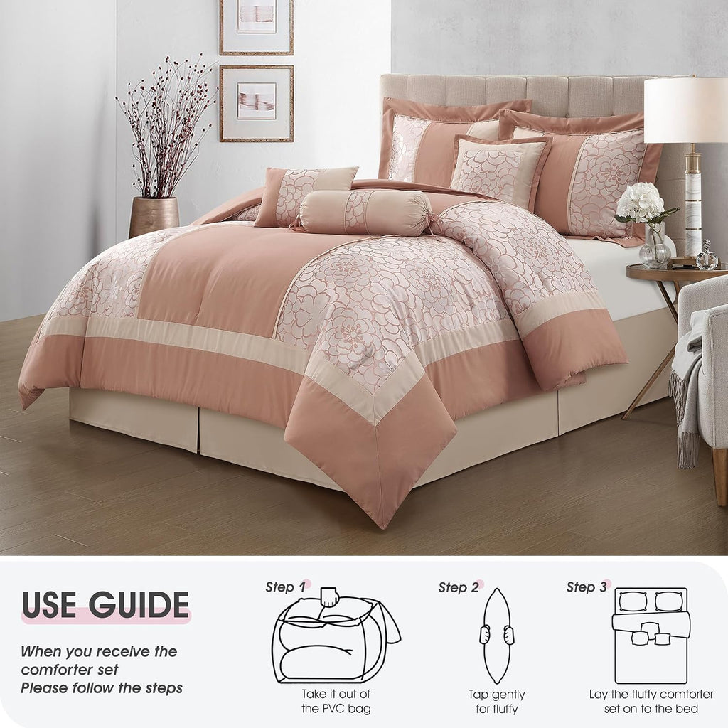 LANCO MODERN LIFESTYLE 7 Piece King Size Comforter Set, Blush, Elegant Floral Jacquard, Stylish and Cozy Bedding Collection, Premium Bedding Set with Bedskirt, Shams and Pillows