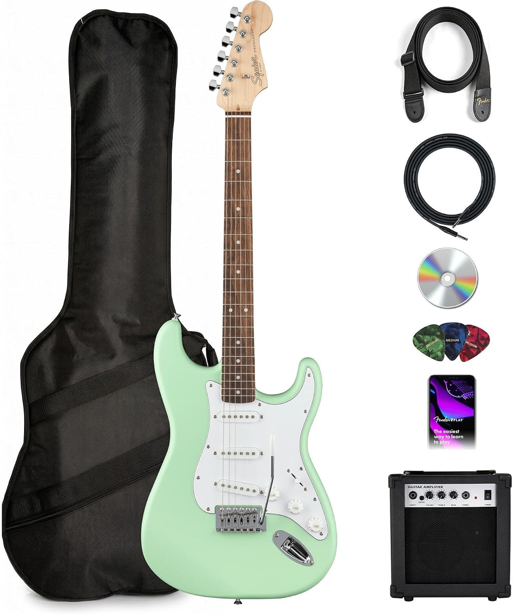 Fender Squier Stratocaster Electric Guitar - Surf Green Bundle with Amplifier, Gig Bag, Cable, Strap, Picks, and Austin Bazaar Instructional Video
