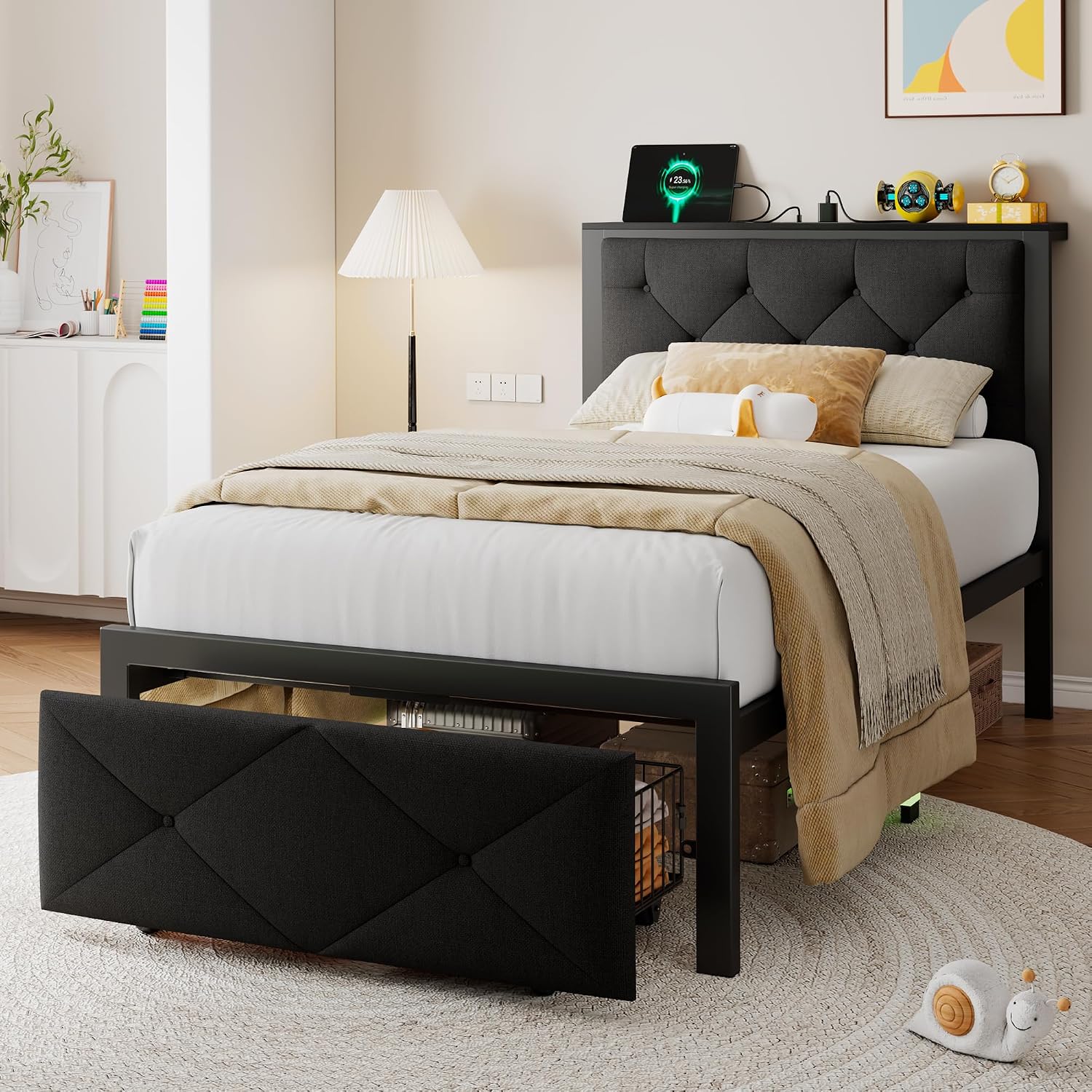 Einhomn Twin Bed Frame with Storage Drawer, Metal Platform Bed with Charging Station, Upholstered Linen Button Tufted Storage Headboard, No Box Spring Needed, Noise-Free, Easy Assembly, Black