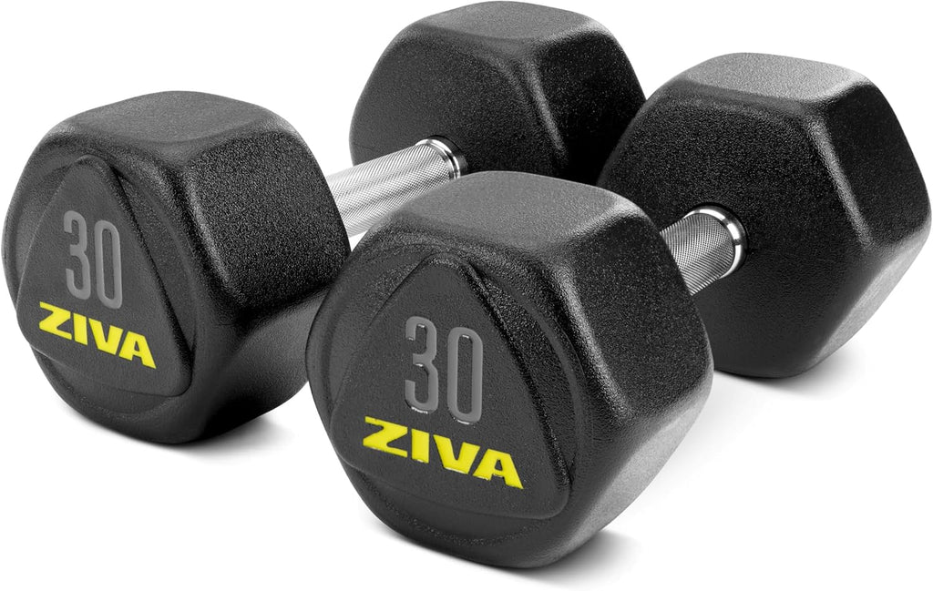 ZIVA Premium Hex Dumbbells – Commercial Grade Rubber Urethane Coated Free Weights for Strength Training, Weightlifting, Home Gym – Durable Steel Core – Sold in Pairs and Sets