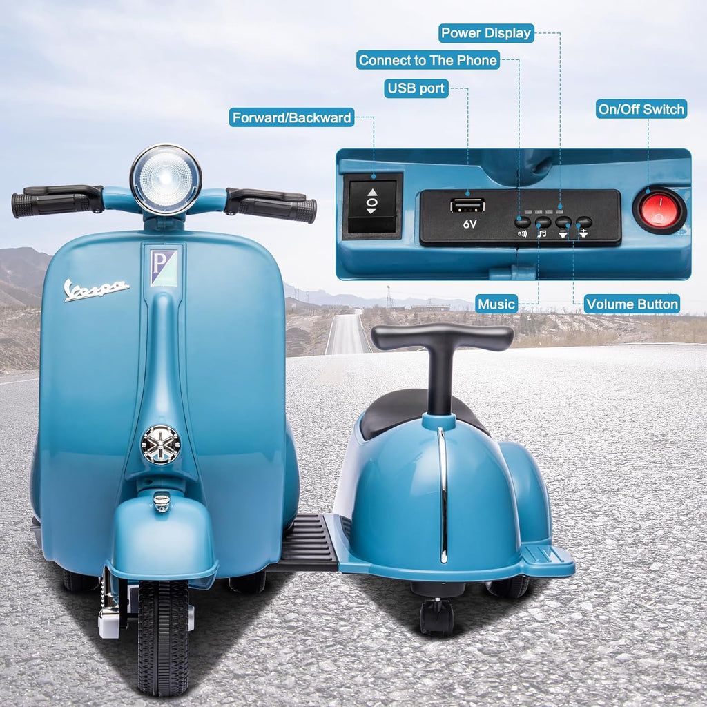 Kids Three Wheeled Motorcycle with Side Car & Speaker, Rechargeable Ride On Toy (Blue)
