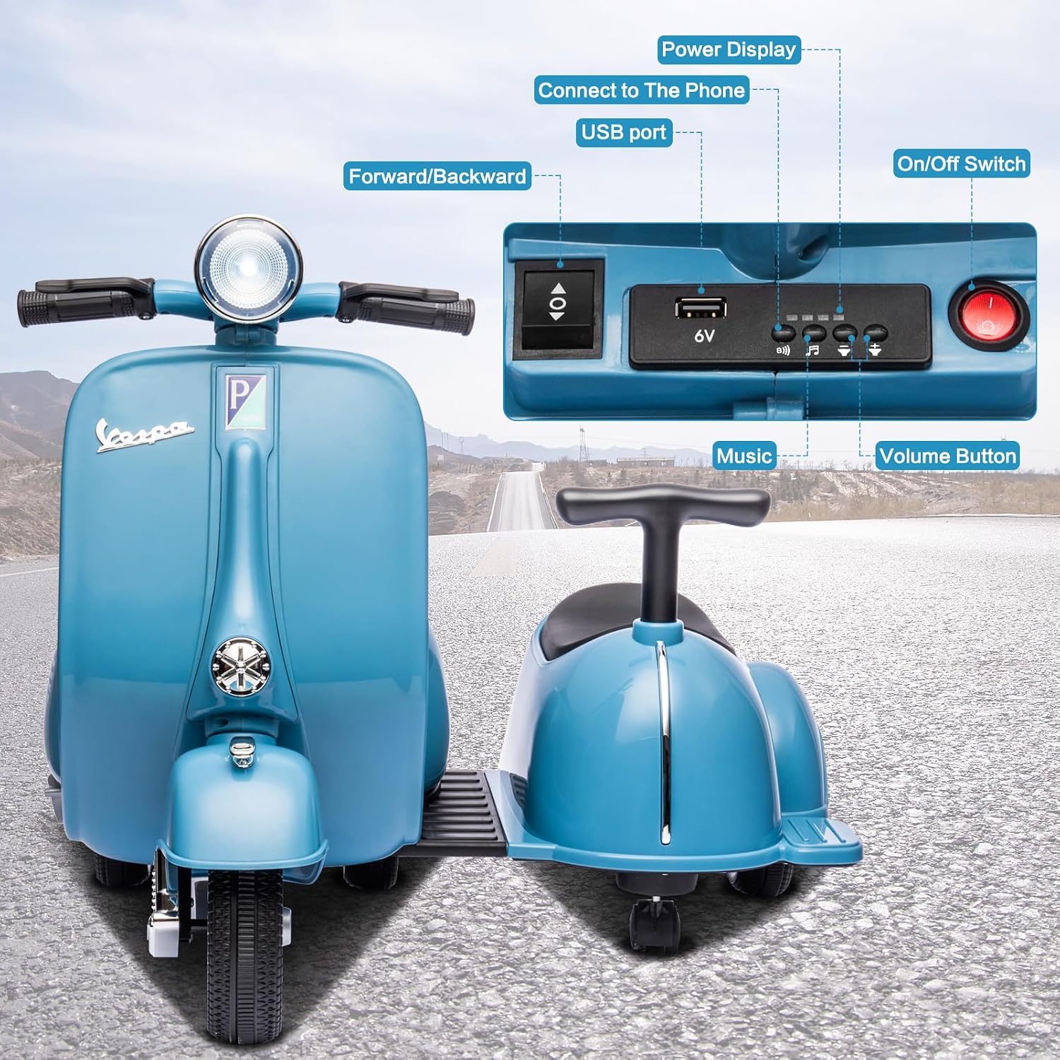 Kids Three Wheeled Motorcycle with Side Car & Speaker, Rechargeable Ride On Toy (Blue)