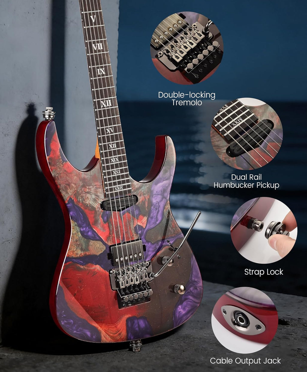 Leo Jaymz Tsunami Deluxe Mahogany Body & Roasted Maple Neck, HH Pickups with Rail, Double-Locking Tremolo, 24 Frets(Violet)