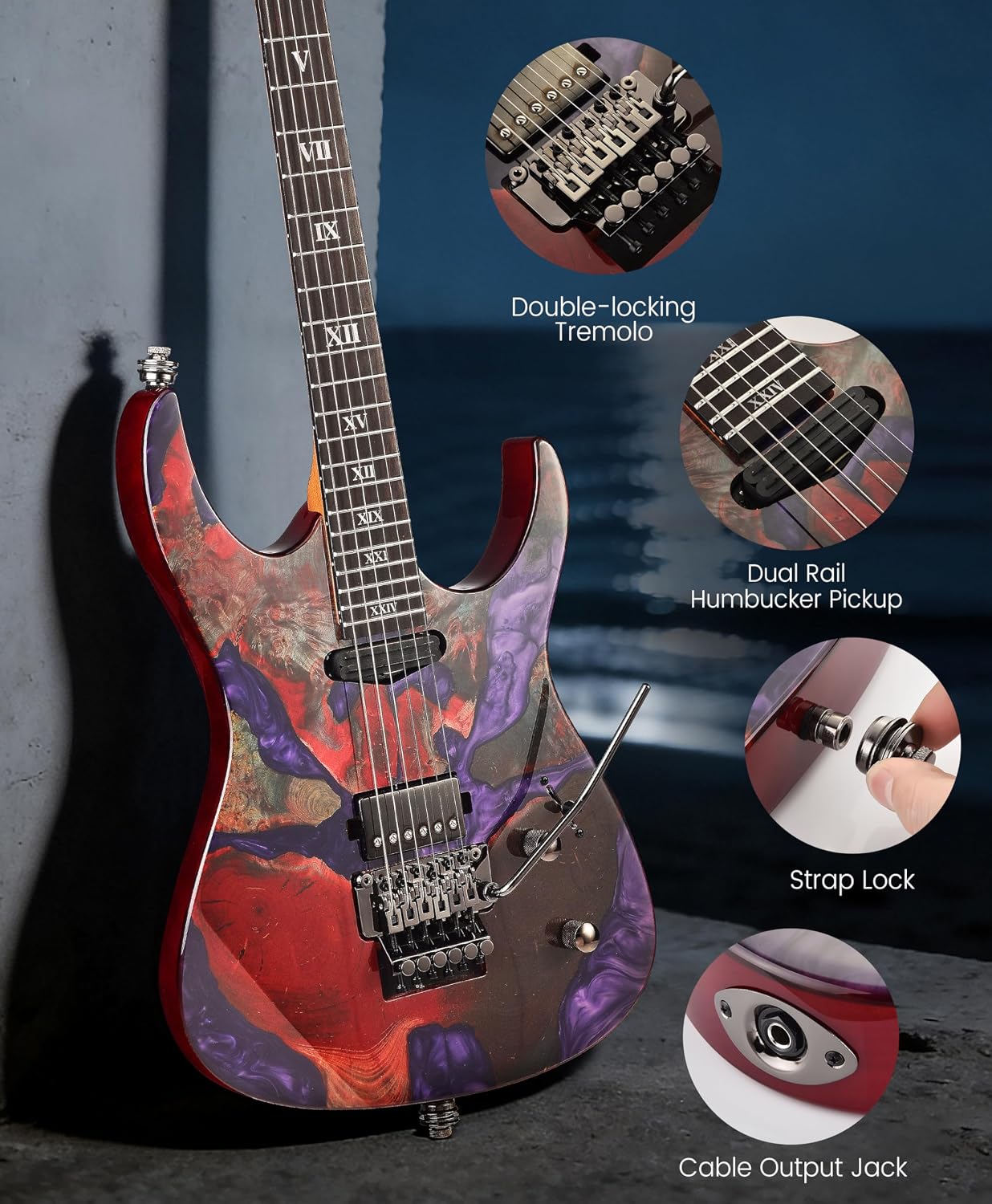Leo Jaymz Tsunami Deluxe Mahogany Body & Roasted Maple Neck, HH Pickups with Rail, Double-Locking Tremolo, 24 Frets(Violet)