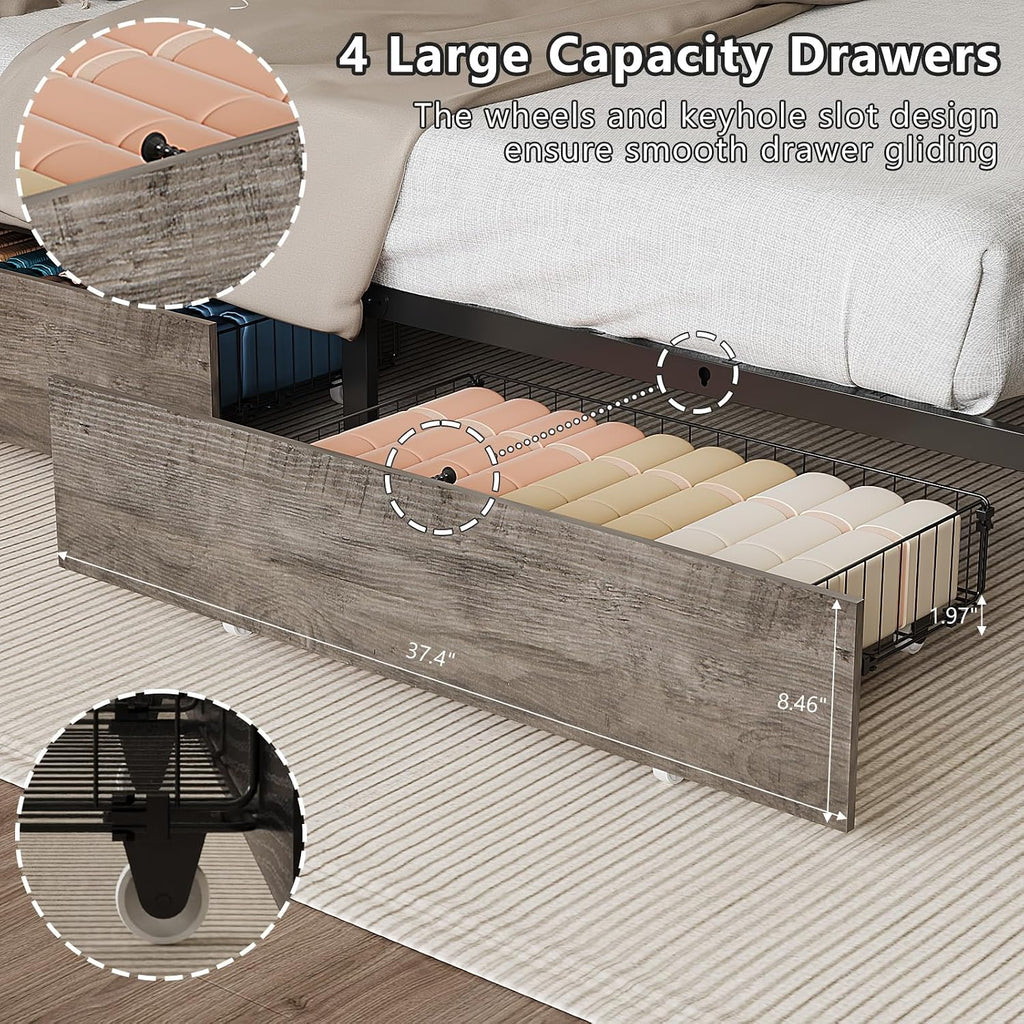 VINGLI Full Bed Frame with 4 Storage Drawers and Adjustable Headboard, Metal Double Platform Bed with Charging Station and LED Lights, No Box Spring Needed, Noise Free, Easy Assembly, Wash Grey