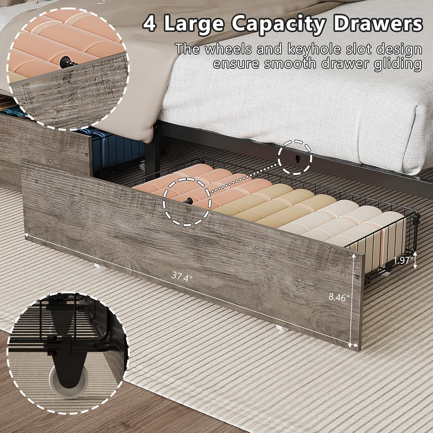 VINGLI Bed Frame Twin Size with 4 Storage Drawers and Headboard, Metal Platform Bed with Charging Station and RGB LED Lights, No Box Spring Needed, Noise Free, Easy Assembly, Wash Grey