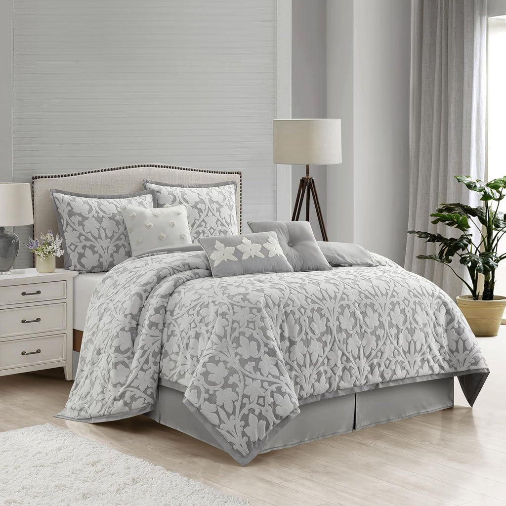 Grand Avenue 7 Piece White Grey Comforter Set, King Size Jacquard Bedding Set, All Season Floral Leaves Bedding, Matching Pillows, Shams, Bed Skirt