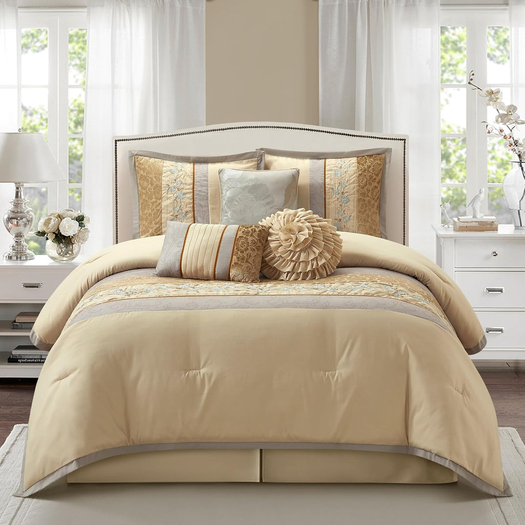 Grand Avenue Sand King Comforter Set, Piecework with Flocking Embroidery Bedding, Floral 7 Pieces Comforters, Bedskirt, Pillows & Shams