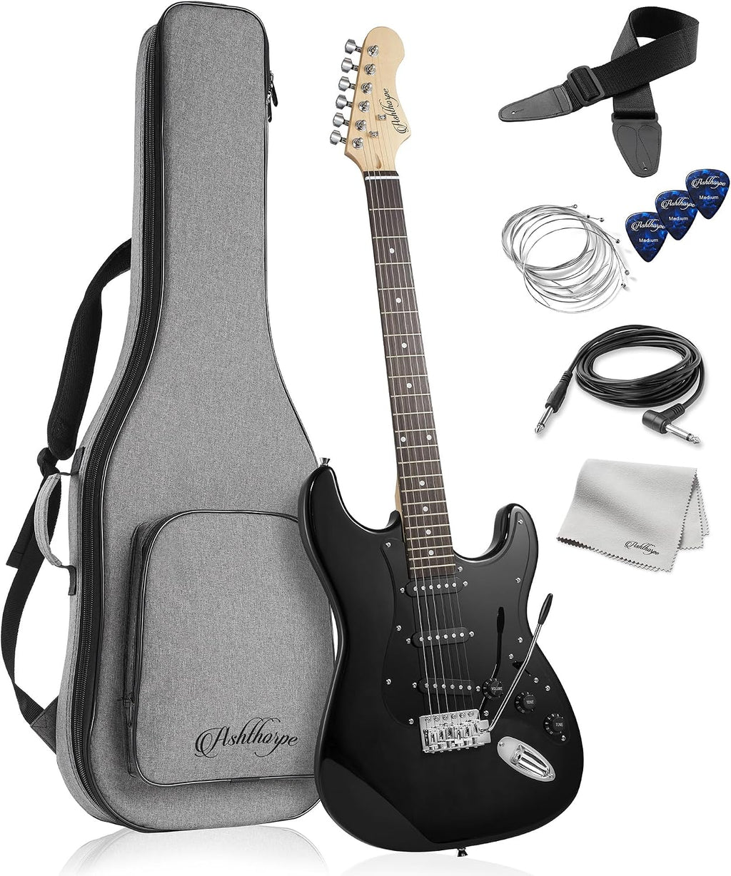 Ashthorpe 39-Inch Electric Guitar (Black-Black), Full-Size Guitar Kit with Padded Gig Bag, Tremolo Bar, Strap, Strings, Cable, Cloth, Picks