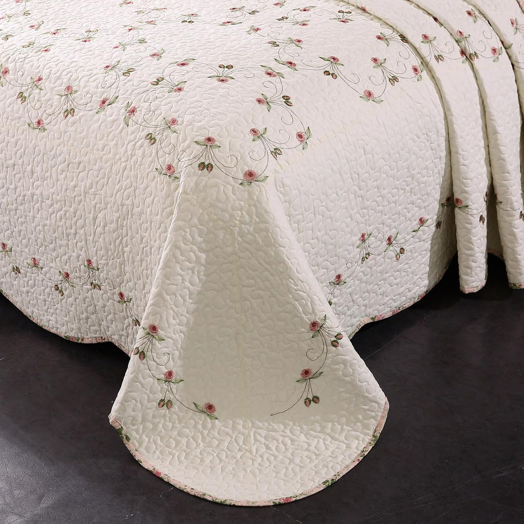 Quilt Set Floral Leaves 3D Embroidery Pattern 3 PCS Cotton Reversible Quilted Embroidered Decorative Bedspreads Coverlet Set, Lightweight &Soft Queen Size Beige Bedding Coverlet for All Season