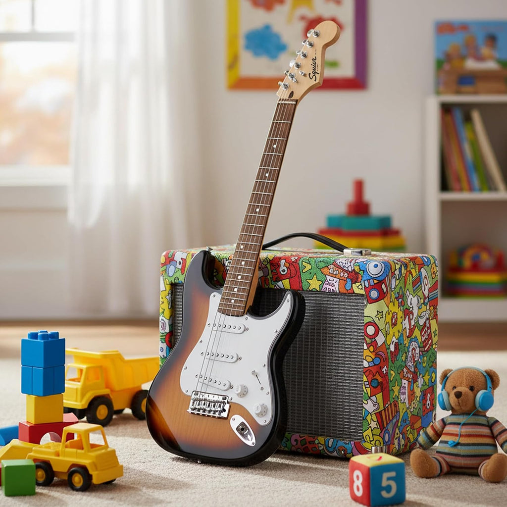 Fender Squier 3/4-Size Kids Mini Strat Electric Guitar - Brown Sunburst Bundle with Amplifier, Cable, Tuner, Strap, Picks, and Austin Bazaar Instructional DVD