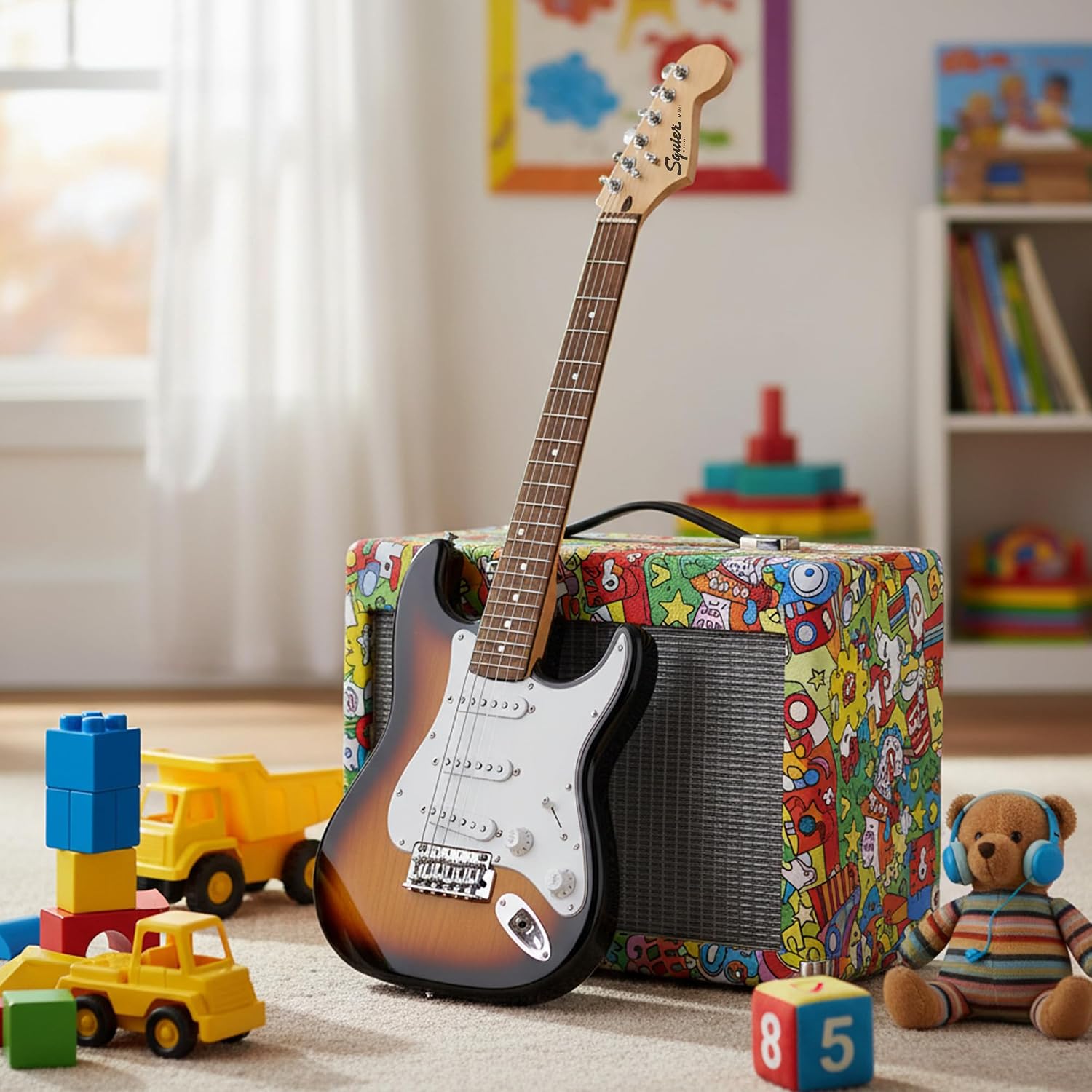 Fender Squier 3/4-Size Kids Mini Strat Electric Guitar - Brown Sunburst Bundle with Amplifier, Cable, Tuner, Strap, Picks, and Austin Bazaar Instructional DVD