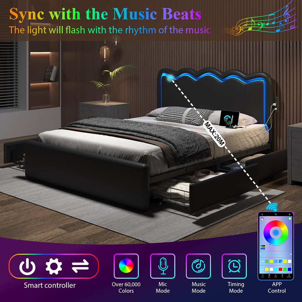 Queen Size Bed Frame with 4 Storage Drawers and LED Lights, Upholstered Platform Bed with Adjustable Chic Double Wavy Headboard, Charging Station, Metal Slats Support, No Box Spring Needed, Black