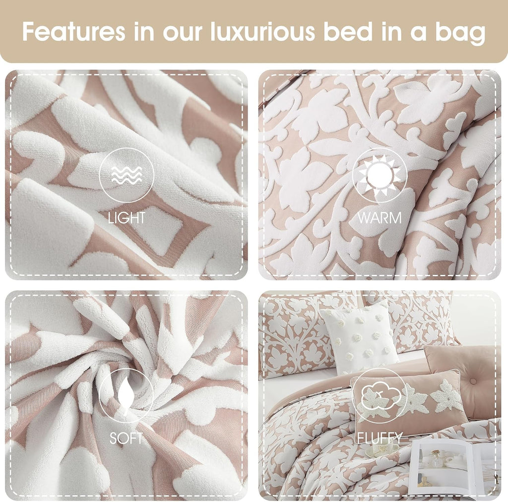 Grand Avenue 7 Piece Blush Comforter Set, King Size Jacquard Bedding Set, All Season Floral Leaves Bedding, Matching Pillows, Shams, Bed Skirt