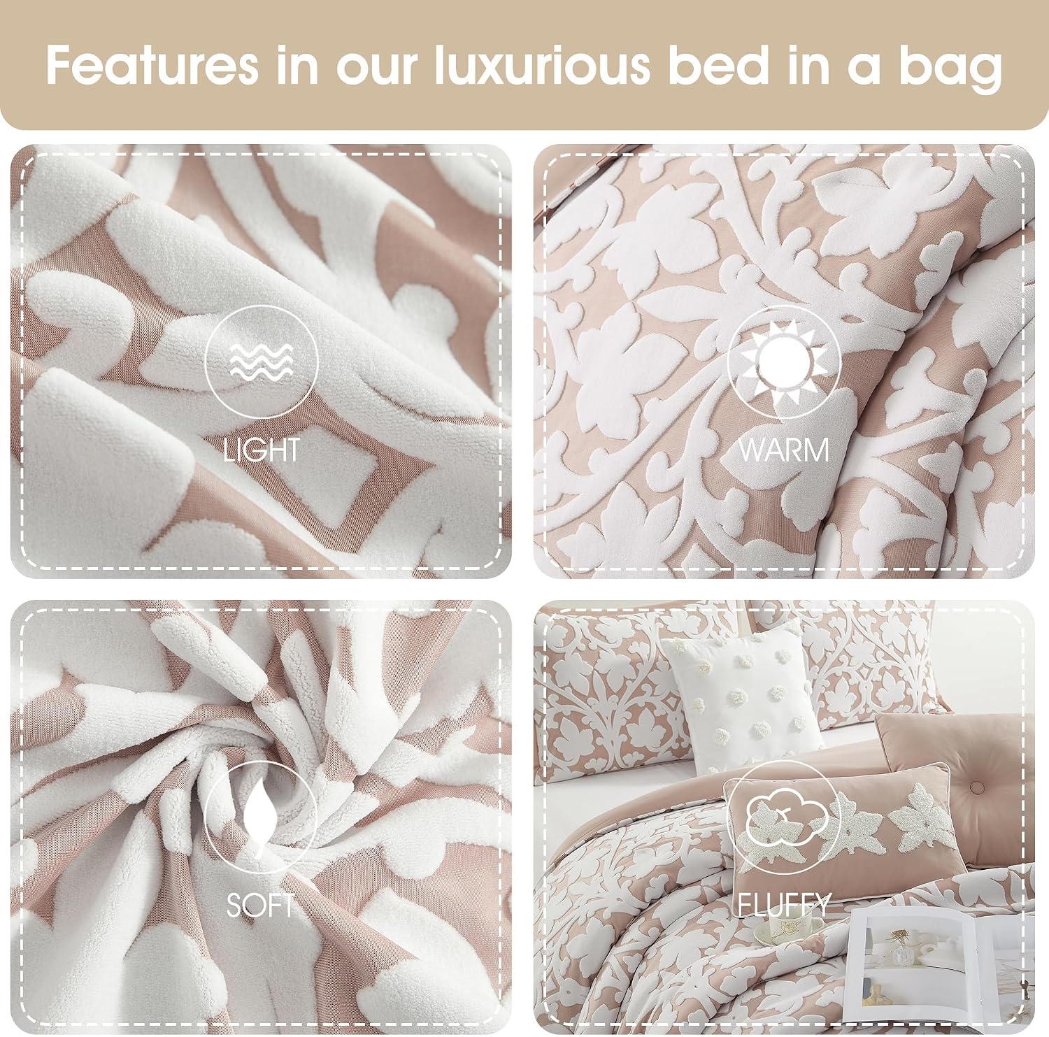 Grand Avenue 7 Piece Blush Comforter Set, King Size Jacquard Bedding Set, All Season Floral Leaves Bedding, Matching Pillows, Shams, Bed Skirt