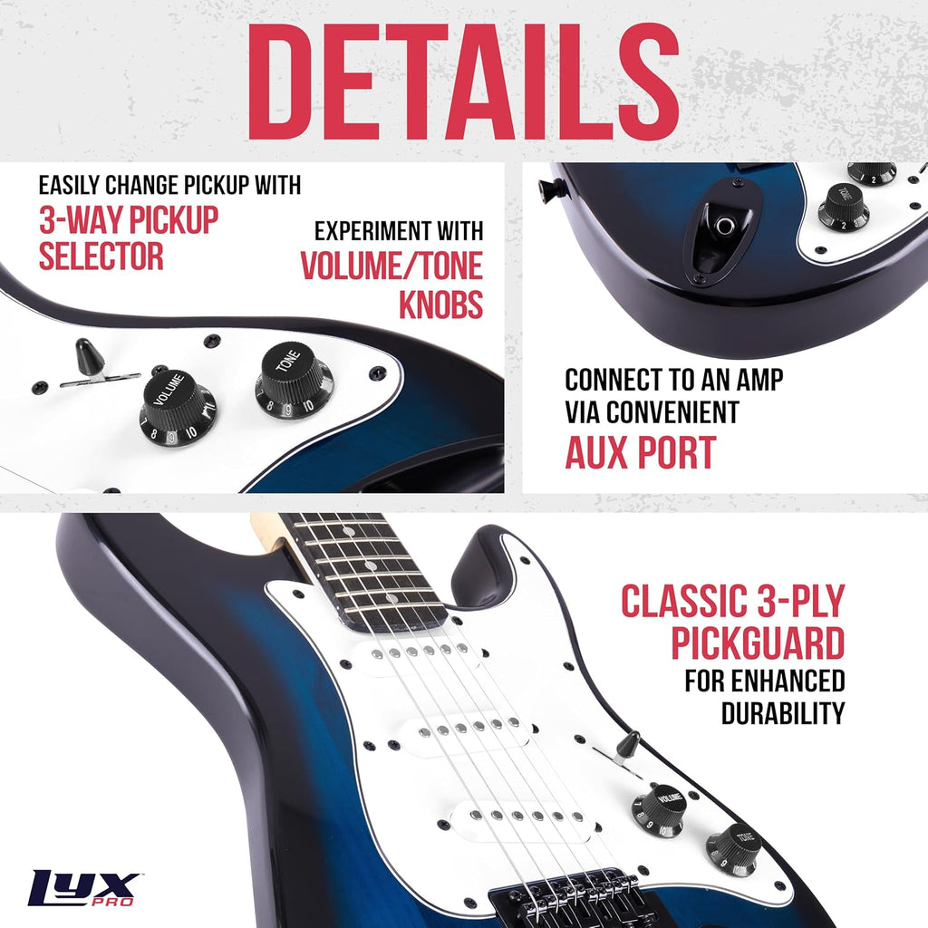 LyxPro CS 30' Electric Guitar Kit for Beginner, Intermediate & Pro Players with Guitar, Amp Cable, 6 Picks & Learner's Guide | Solid Wood Body, Volume/Tone Controls, 5-Way Pickup - Blue