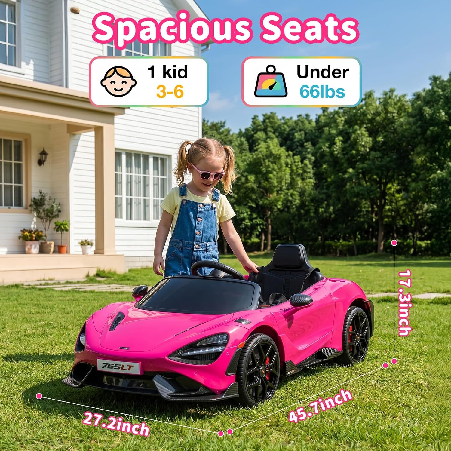 Kids Ride-on Car Licensed McLaren765LT for 3-6Years Old, Electric car 12V Battery Powered Electric Vehicle, w/Parent Remote, Music Player, LED Lights, Smooth Start, 3 Speeds, Pink
