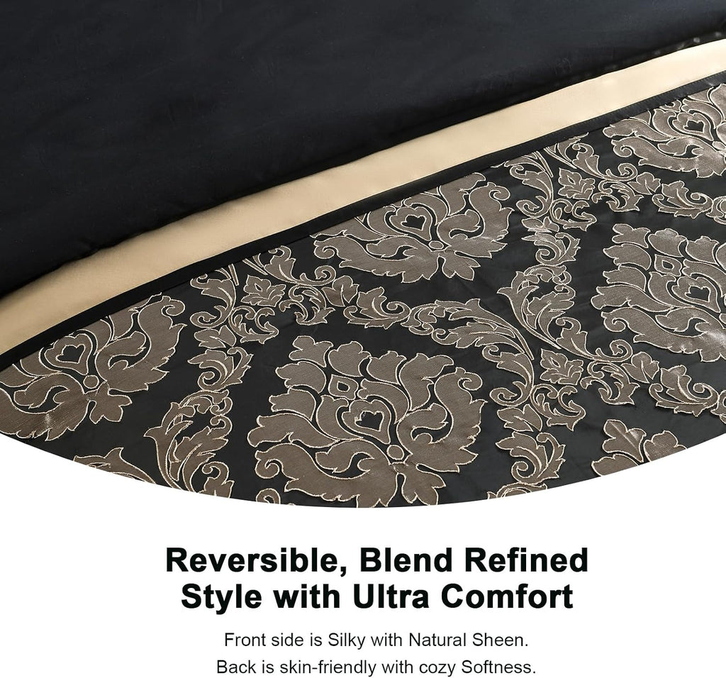 PANGUSHAN 7 Pieces Comforter Set Queen Size, Luxury Silky Elegant Jacquard Fluffy Reversible Bedding Set with Bed Skirt, Shams and Pillows, Bed in a Bag Queen, Down Alternative, Black/Gold