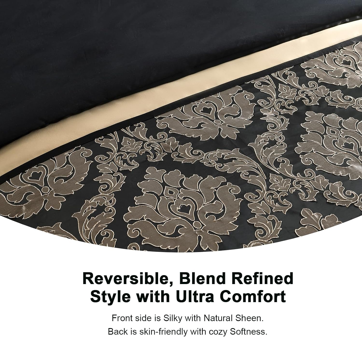 PANGUSHAN 7 Pieces Comforter Set Queen Size, Luxury Silky Elegant Jacquard Fluffy Reversible Bedding Set with Bed Skirt, Shams and Pillows, Bed in a Bag Queen, Down Alternative, Black/Gold