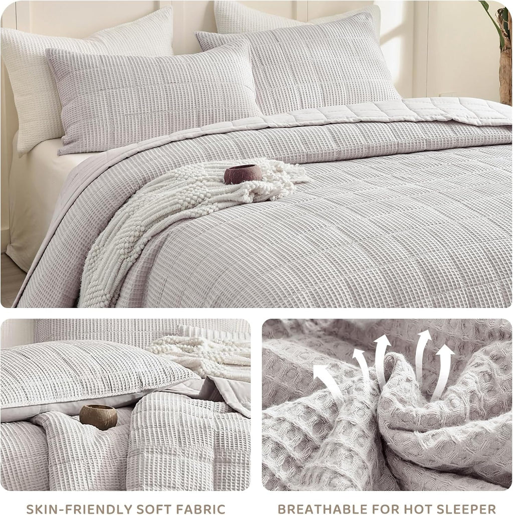 Sanracie Oversized King Quilt (120'x120'), Cotton Oatmeal Colored Waffle Quilt Bedding Set Extra Wide Large Luxury Aesthetic Bedspreads Soft Breathable Bedding Coverlet Sets 3 PCS