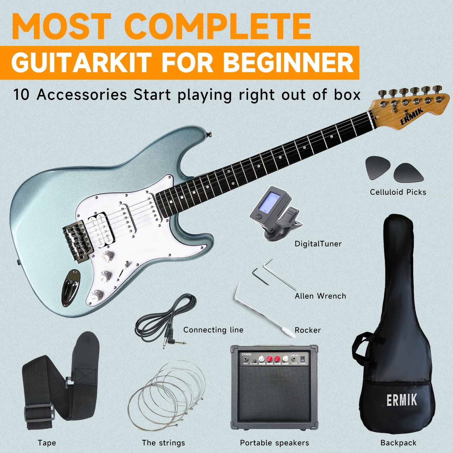 Ermik Solid Body Electric Guitar Kit with Amp 20W, Strings, Strap, Digital Tuner, Picks, Gig Bag, Cable, Tremolo Bar, 39' Full Size Guitar HSS Pickups Guitarra Electrica Beginner Gift