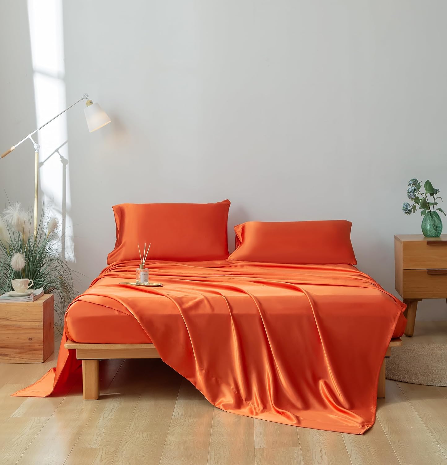 King Size 4 Piece Sheet Set 16 Momme Mulberry Silk Soft Breathable Cooling Bed Sheets (1 Flat Sheet,1 Fitted Sheet,2 Pillow Cases) Fits 19-22' Deep Pocket (Solid, Orange)