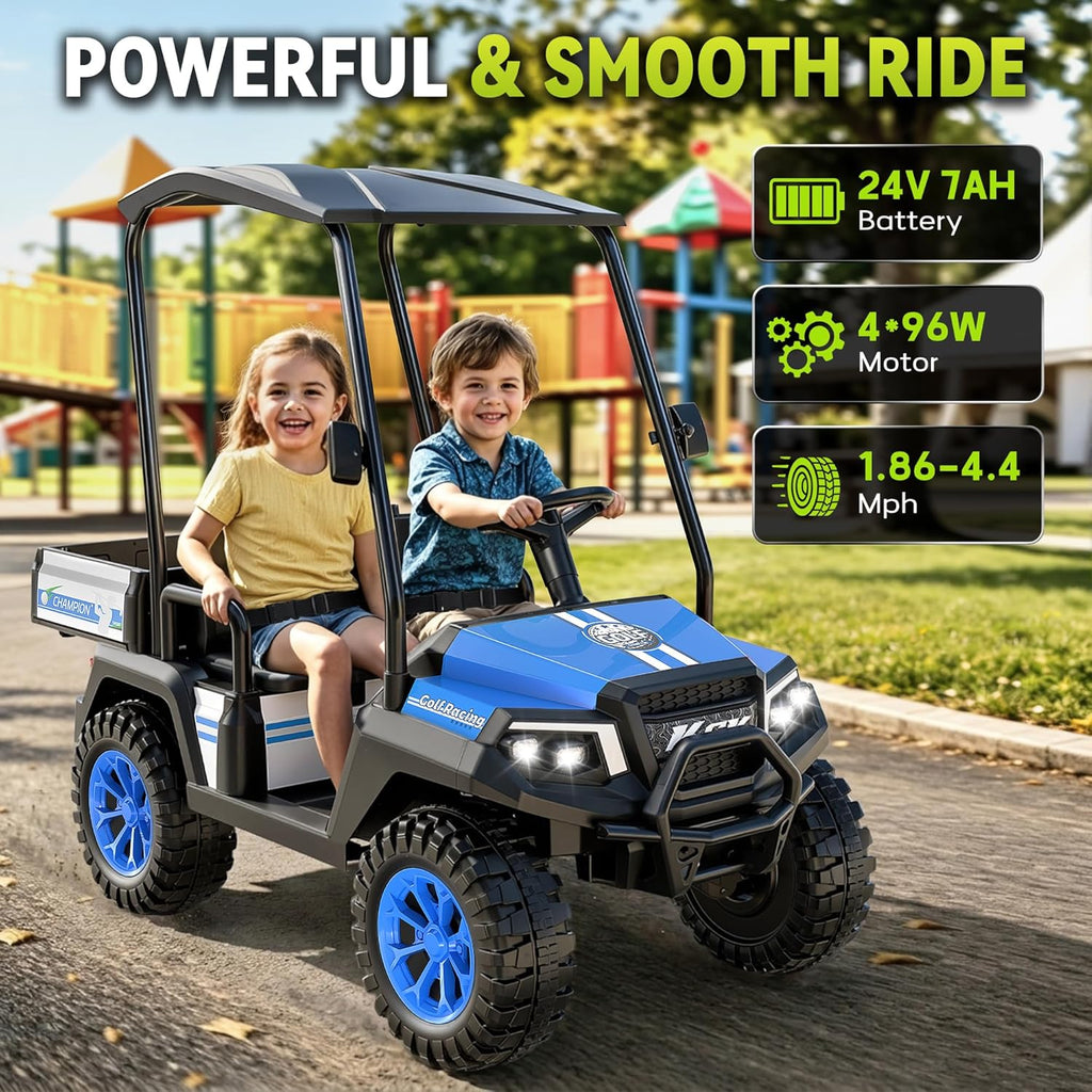 24V Kids Golf Cart w/Detachable Awning–4WD 2 Seater Ride on Car w/Large Storage Trunk, Remote Control, 3 Speeds, Music Player, LED Lights, Ride On Toys, Gift for Kids Ages 3-8((Blue)