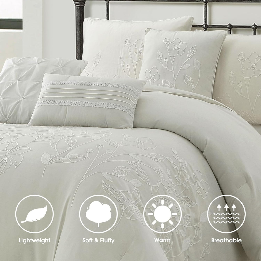 LANCO MODERN LIFESTYLE Beige King Comforter Set, Chain Stiching 3D Floral Embroidery, Exquisite and Elegant Bedding Sets, 7 Pieces Bed in a Bag, Bedskirt, Pillow Shams and Decor Pillows