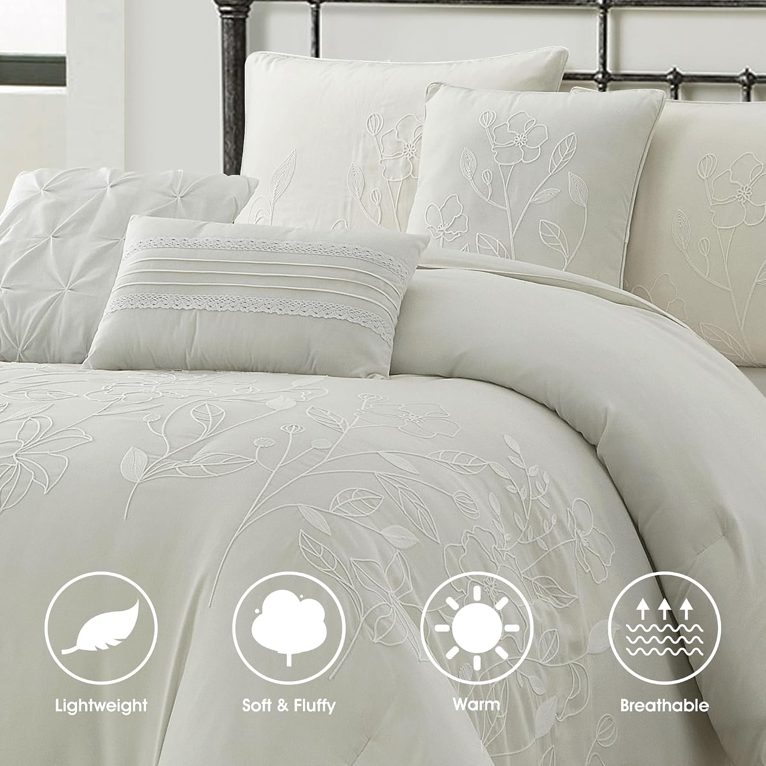 LANCO MODERN LIFESTYLE Beige Queen Comforter Set, Chain Stiching 3D Floral Embroidery, Exquisite and Elegant Bedding Sets, 7 Pieces Bed in a Bag, Bedskirt, Pillow Shams and Decor Pillows