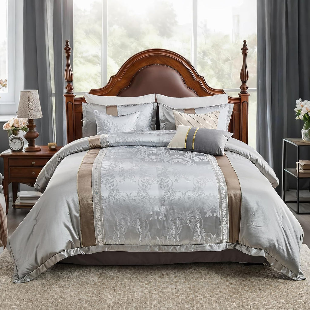 7-Piece Queen Comforter Set Bed in a Bag, Elegant Silver Gray Botanical Jacquard Design, Reversible All-Season Luxury Bedding, Soft Faux Silk Fluffy Comforter 90'x90'