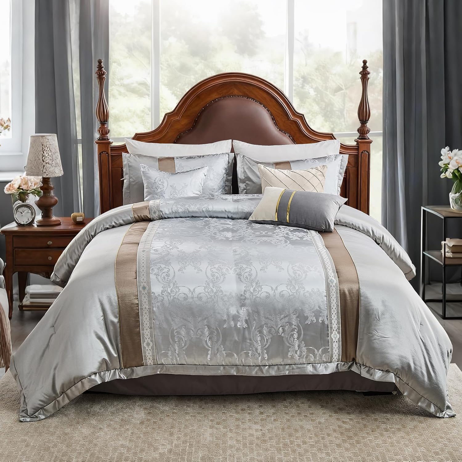 7-Piece Queen Comforter Set Bed in a Bag, Elegant Silver Gray Botanical Jacquard Design, Reversible All-Season Luxury Bedding, Soft Faux Silk Fluffy Comforter 90'x90'