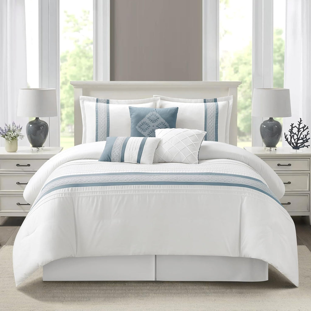 Grand Avenue Striped 7 Piece Blue Comforter Set, California King Size Microfiber Bedding, All Season Polyester Bedding Set, Bed Skirt, Pillows & Shams