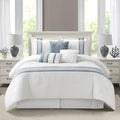 Grand Avenue Striped 7 Piece Blue Comforter Set, California King Size Microfiber Bedding, All Season Polyester Bedding Set, Bed Skirt, Pillows & Shams