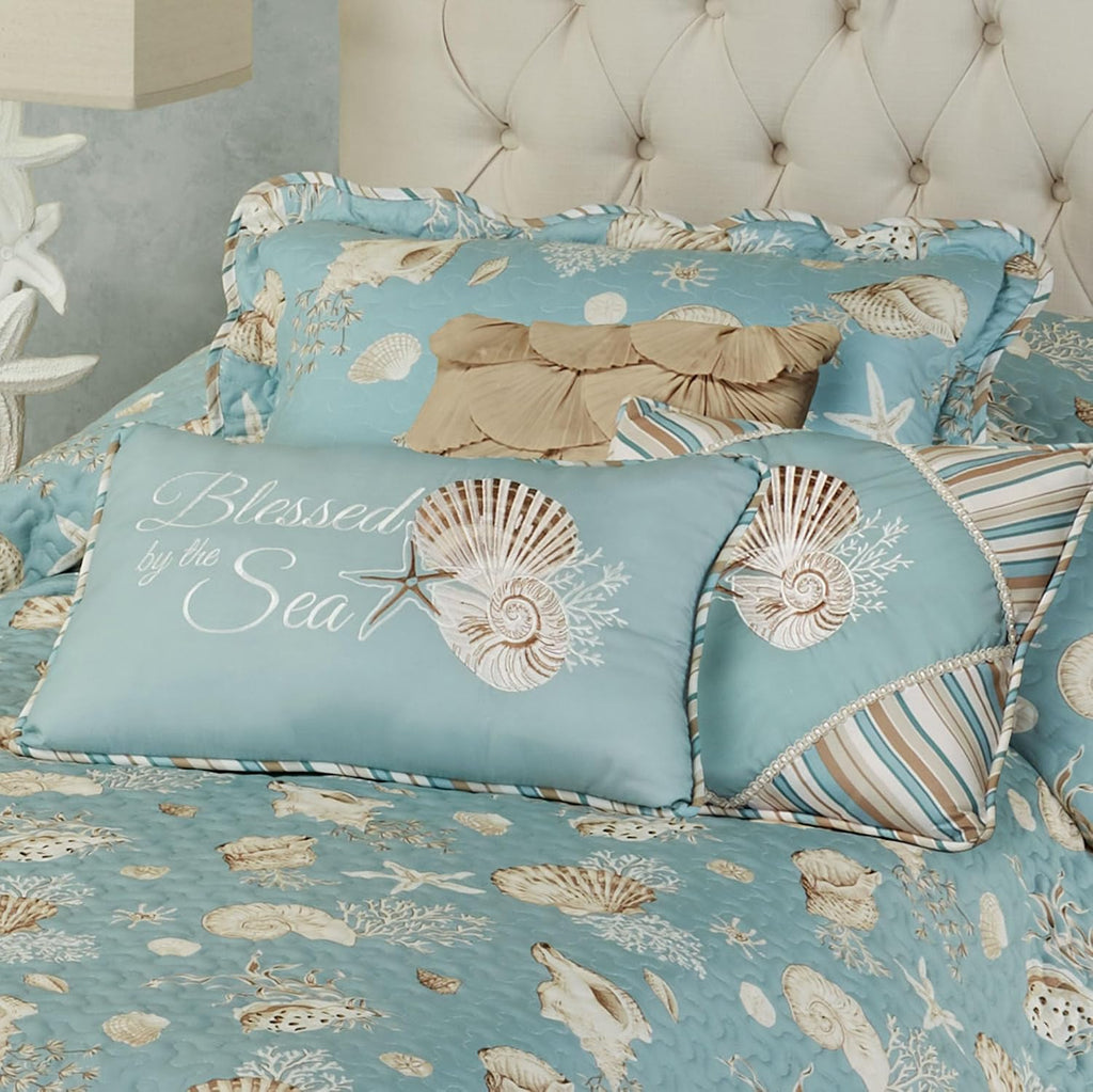 Seabreeze Coastal Beach Polyester Bedding | All Season Quilted | Shell Starfish Coral Stripe | Aqua Teal Ivory Cream | 5 Pc Set: Twin Bedspread, 1 Standard Sham, 2 Square Pillows, 1 Rectangle Pillow