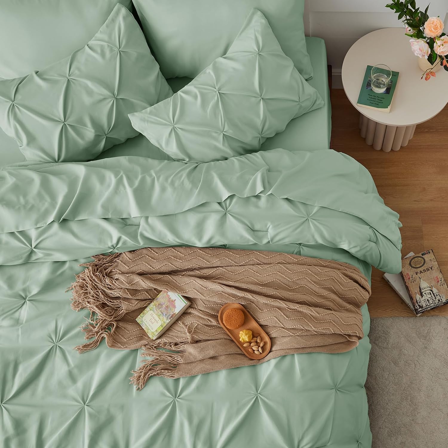 Full Size Comforter Set 7 Pieces Bed in a Bag 100% Cotton Sage Green Comforter Full Pintuck Bed Sets Pinch Pleat Bedding Sets Comforter, Flat Sheet, Fitted Sheet, Pillowcases & Shams