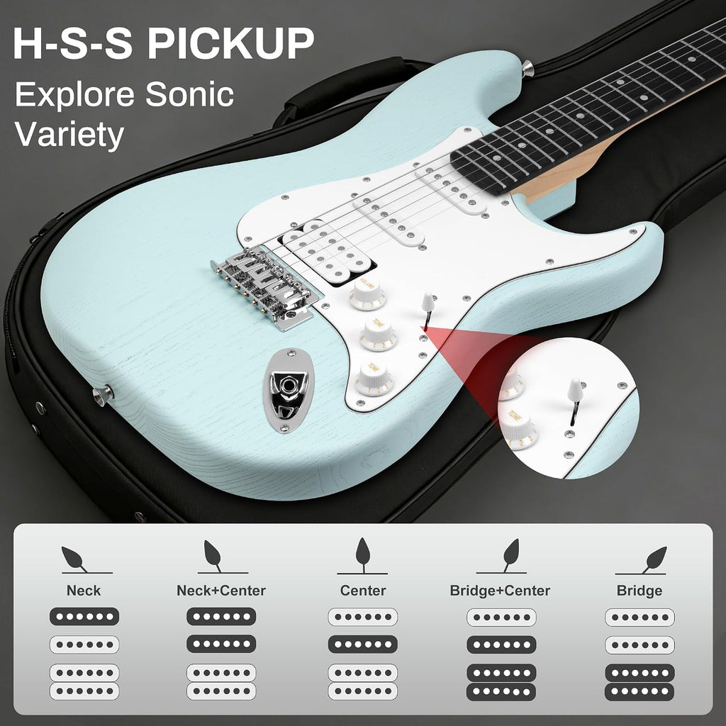 Mosen 39 Inch Electric Guitar with HSS Pickups & Single-Coil Tremolo System - with 5W Amp, Techwood Fingerboard, C-Shaped Satin Neck, All Accessories Included Gig Bag, Tuner, String, Capo, Strap